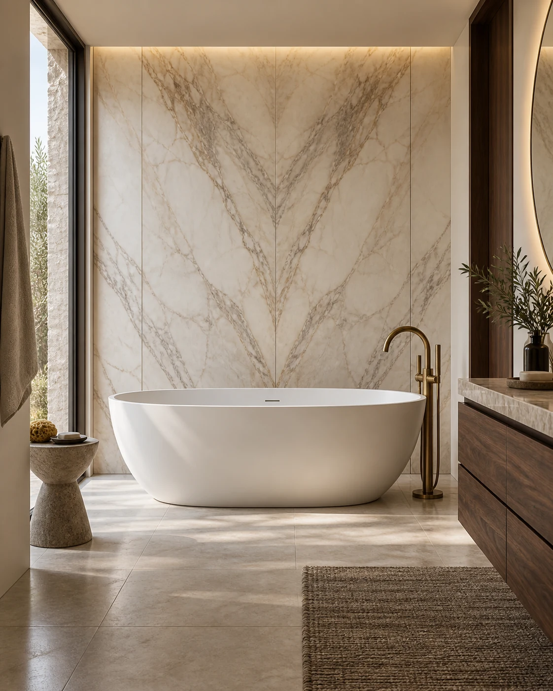 Luxury Italian bathroom with book-matched marble, freestanding tub, and brushed brass fixtures by Italcasa