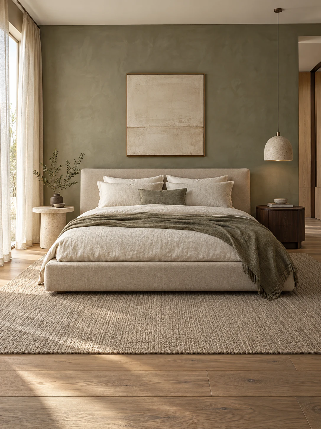 Staged luxury primary bedroom by Italcasa with linen upholstered bed, sculptural side tables, and warm minimal Italian styling