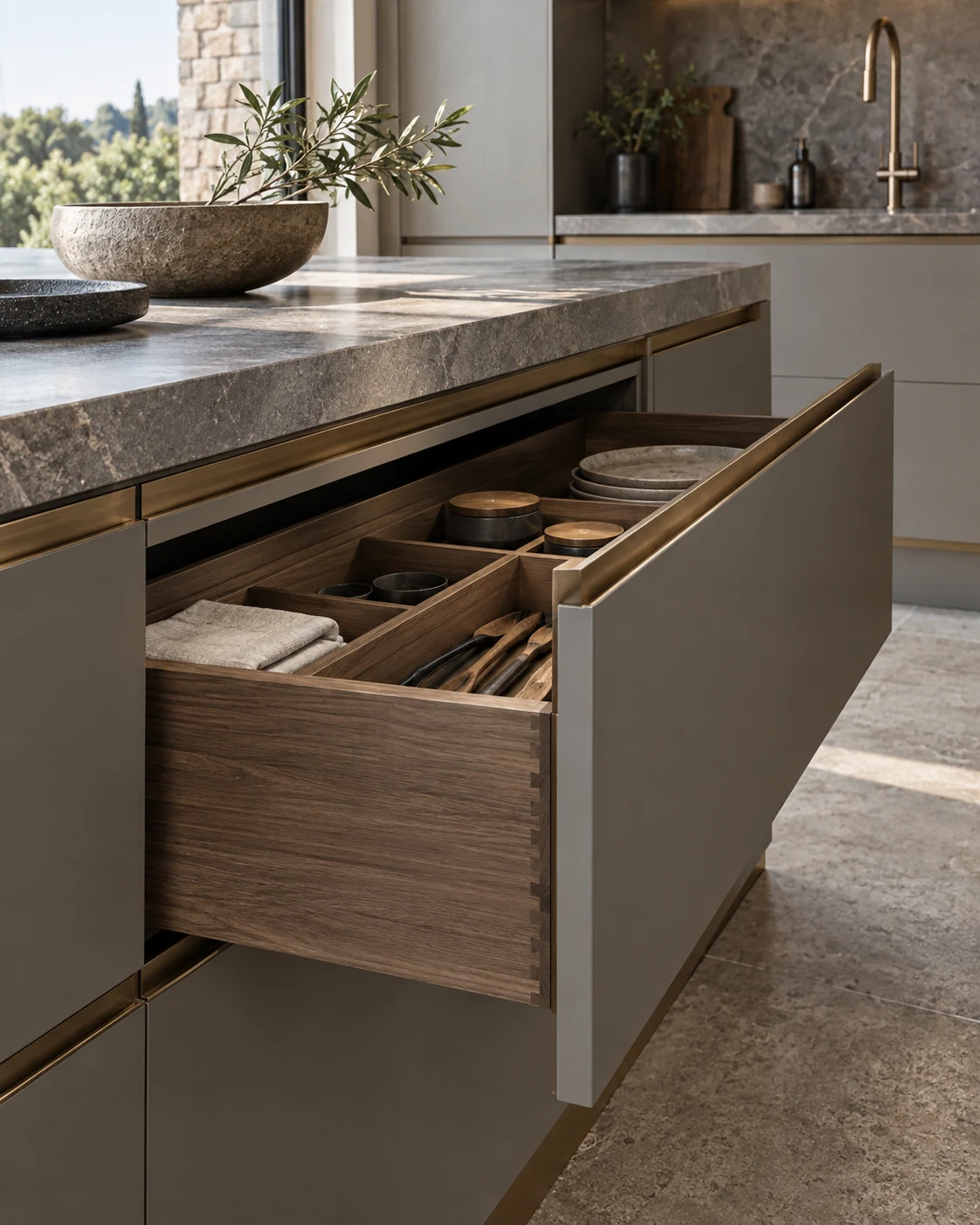 Detail of Italian luxury kitchen cabinetry with matte stone-grey finish, brushed brass inlay, and natural stone countertop by Italcasa