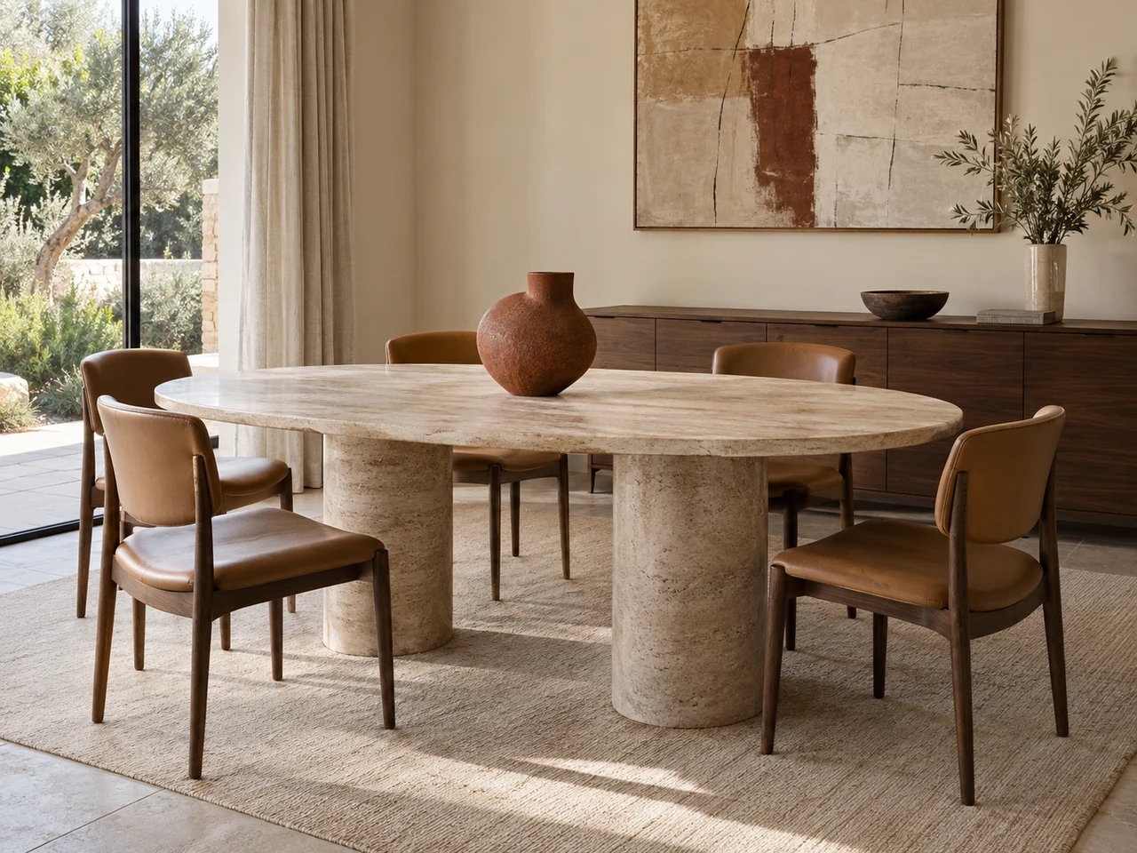 Staged luxury dining vignette by Italcasa with travertine table, leather chairs, and sculptural accessories