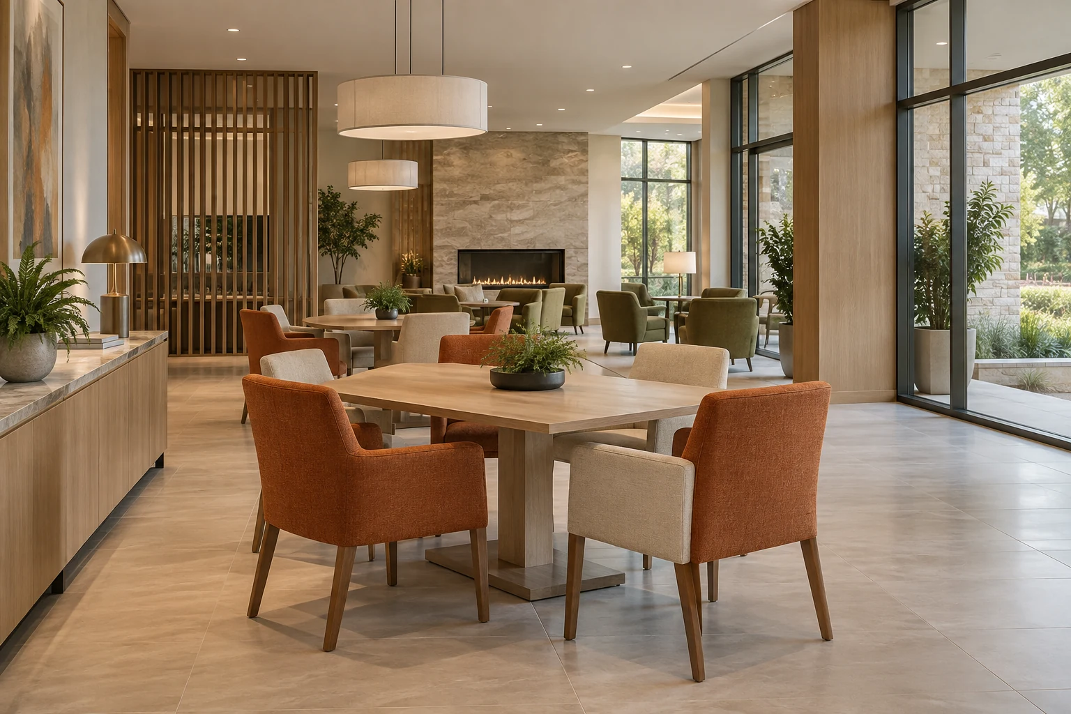 Senior community dining room and lobby lounge