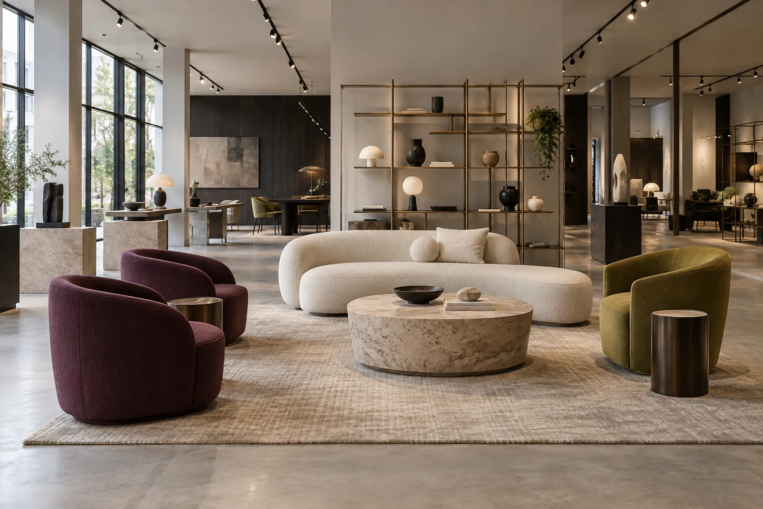 Retail showroom floor with fixtures and merchandise lighting