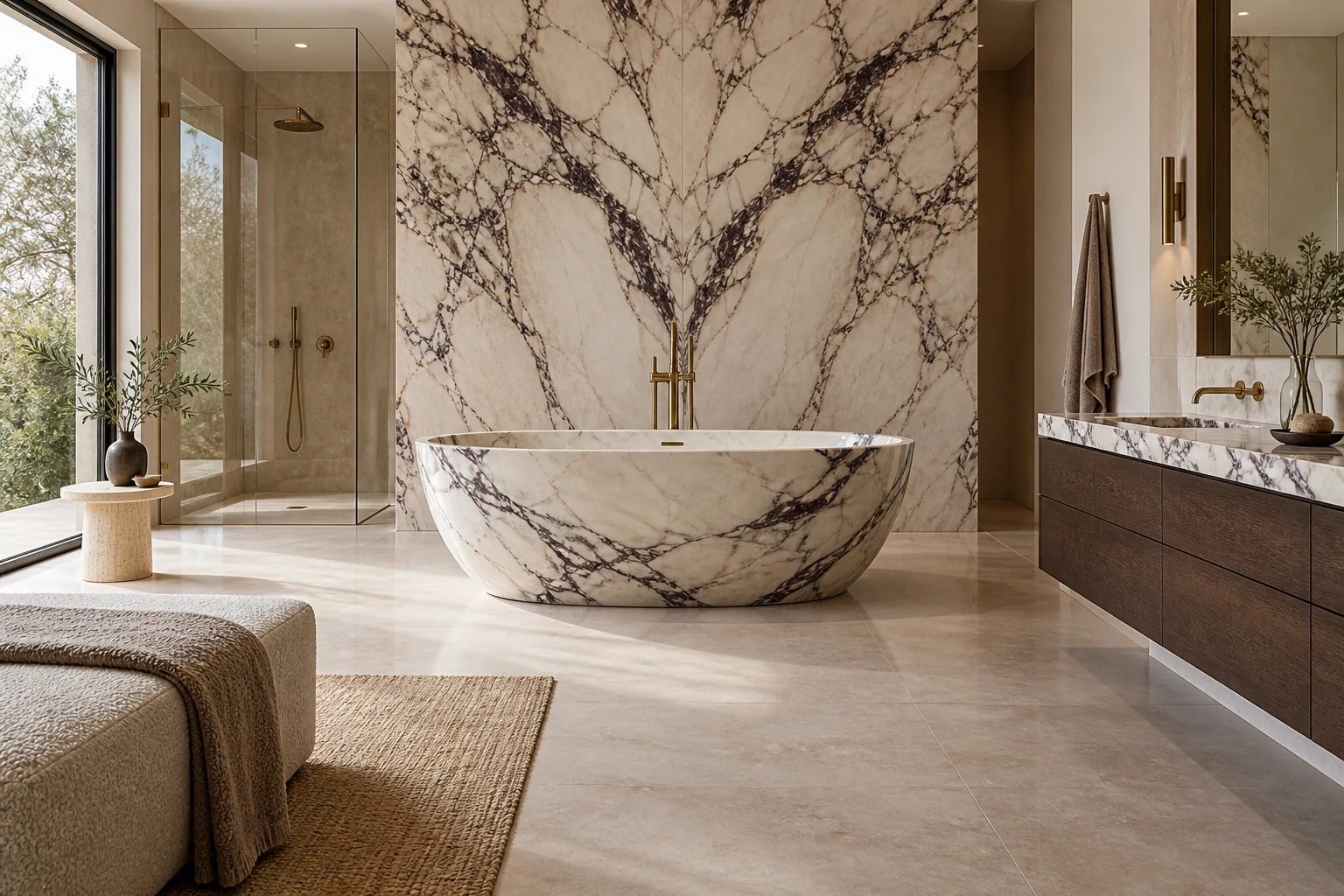 Luxury Italian bathroom by Italcasa with book-matched Calacatta Viola marble walls, sculptural stone tub, walnut vanity, and brushed brass fixtures