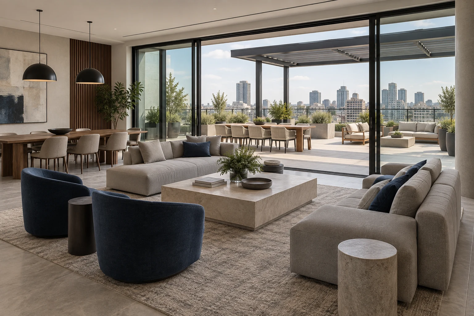 Multifamily amenity lounge and rooftop deck installation