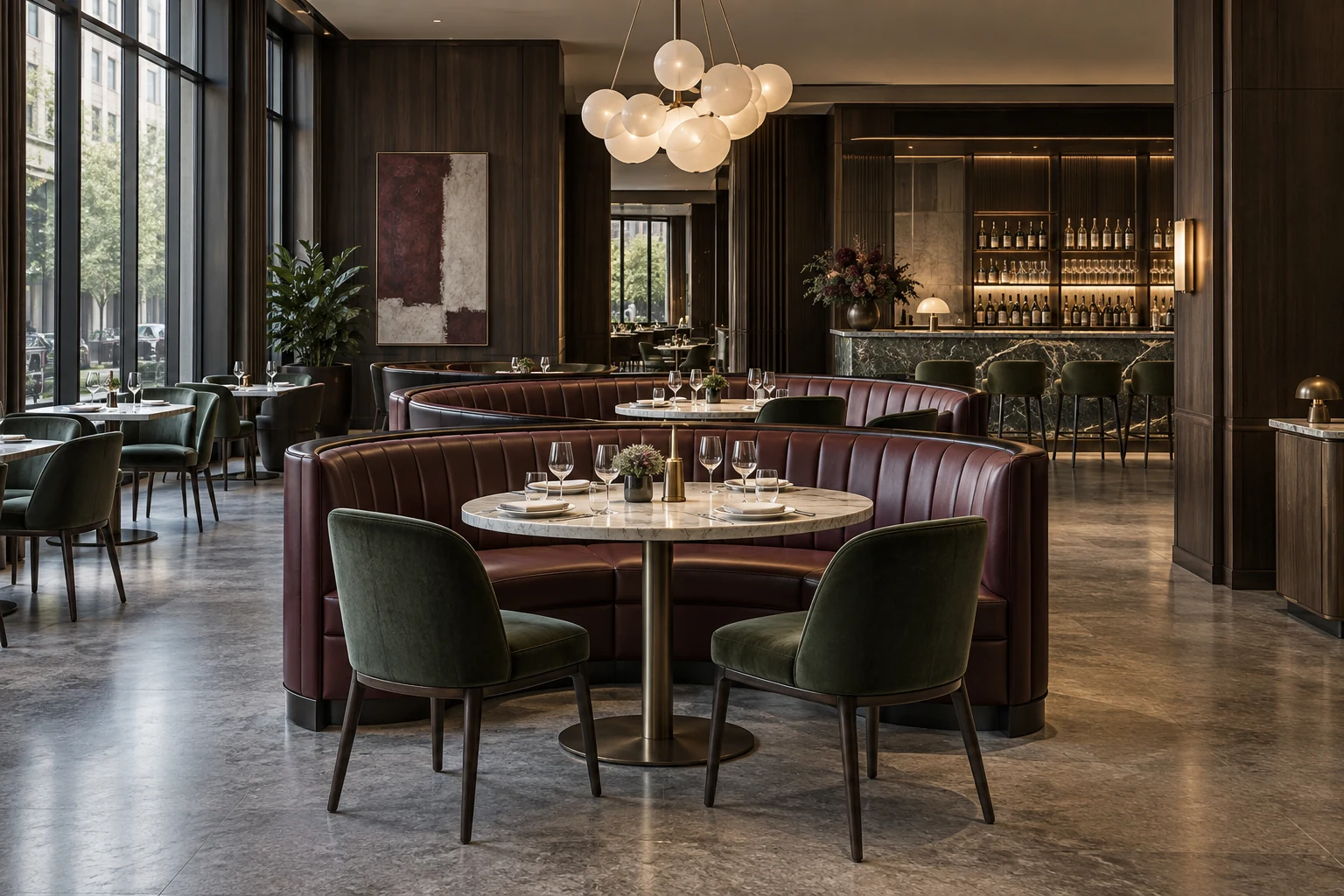 Restaurant dining room furnished with Italian contract seating