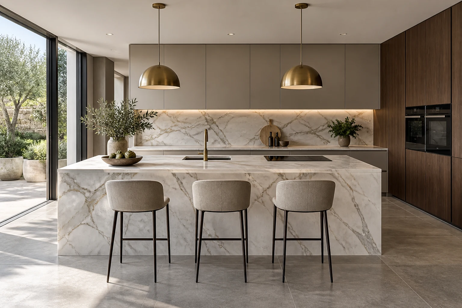 Luxury Italian kitchen design by Italcasa featuring handleless cabinetry, marble waterfall island, and brass pendant lighting in a Metro Detroit residence