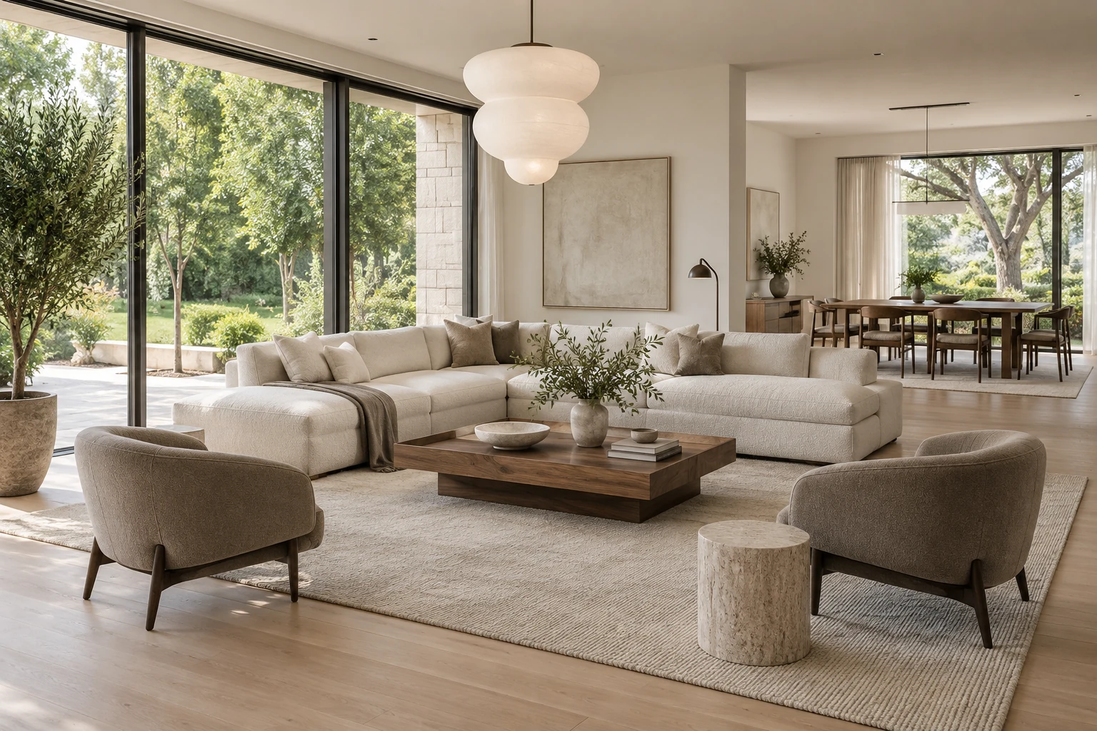 Luxury home staging by Italcasa featuring curated Italian furniture in a Metro Detroit listing — cream sectional, walnut coffee table, sculptural lighting