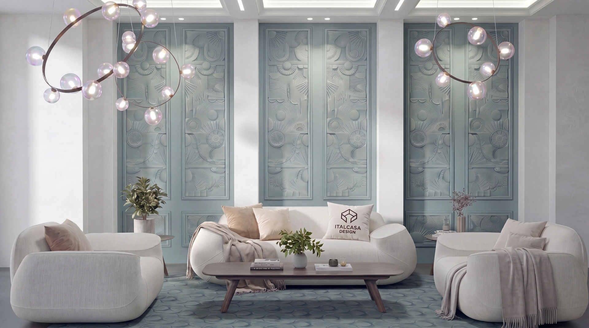 Italcasa showroom interior featuring a Moooi bubble chandelier above curved cream bouclé sofas