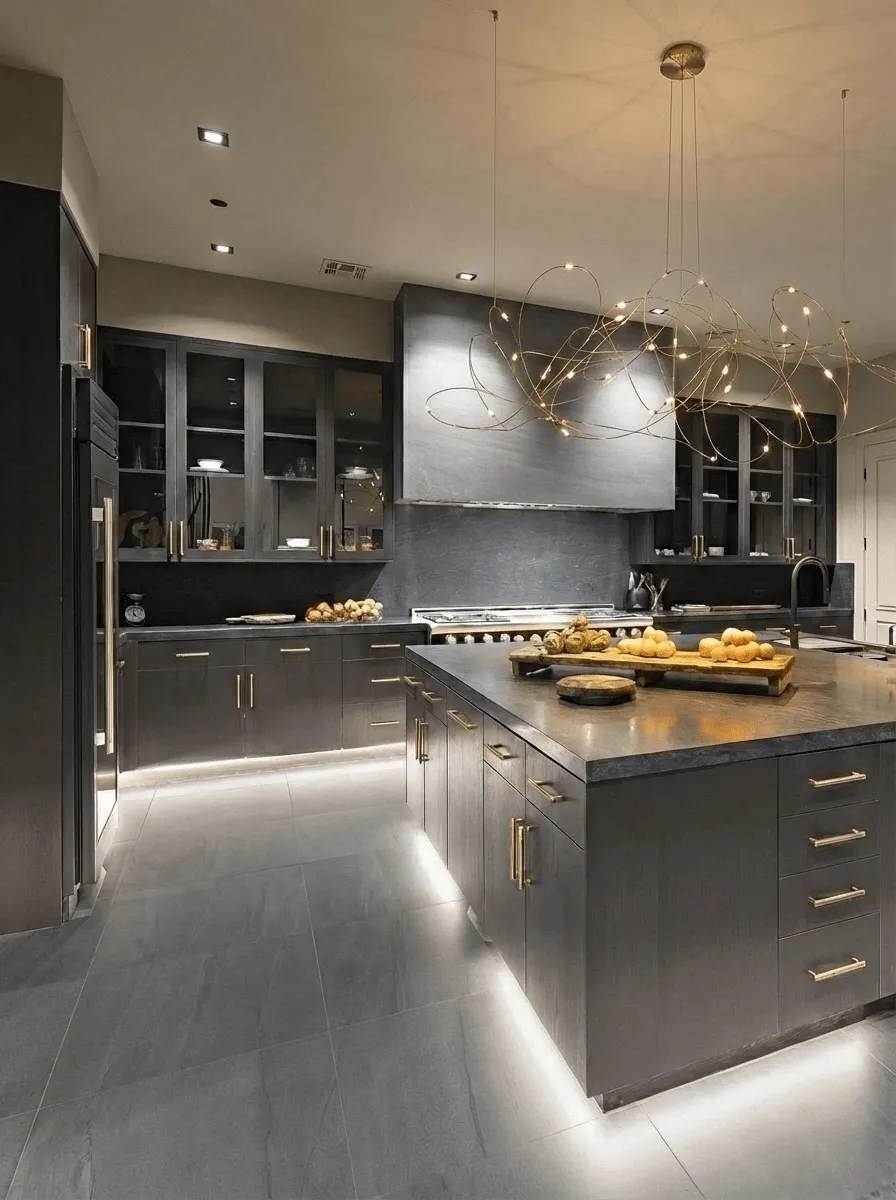 Luxury high-end kitchen with dark marble backsplash, gold-accent pendant lights, and LED-lit island designed by Italcasa in Metro Detroit