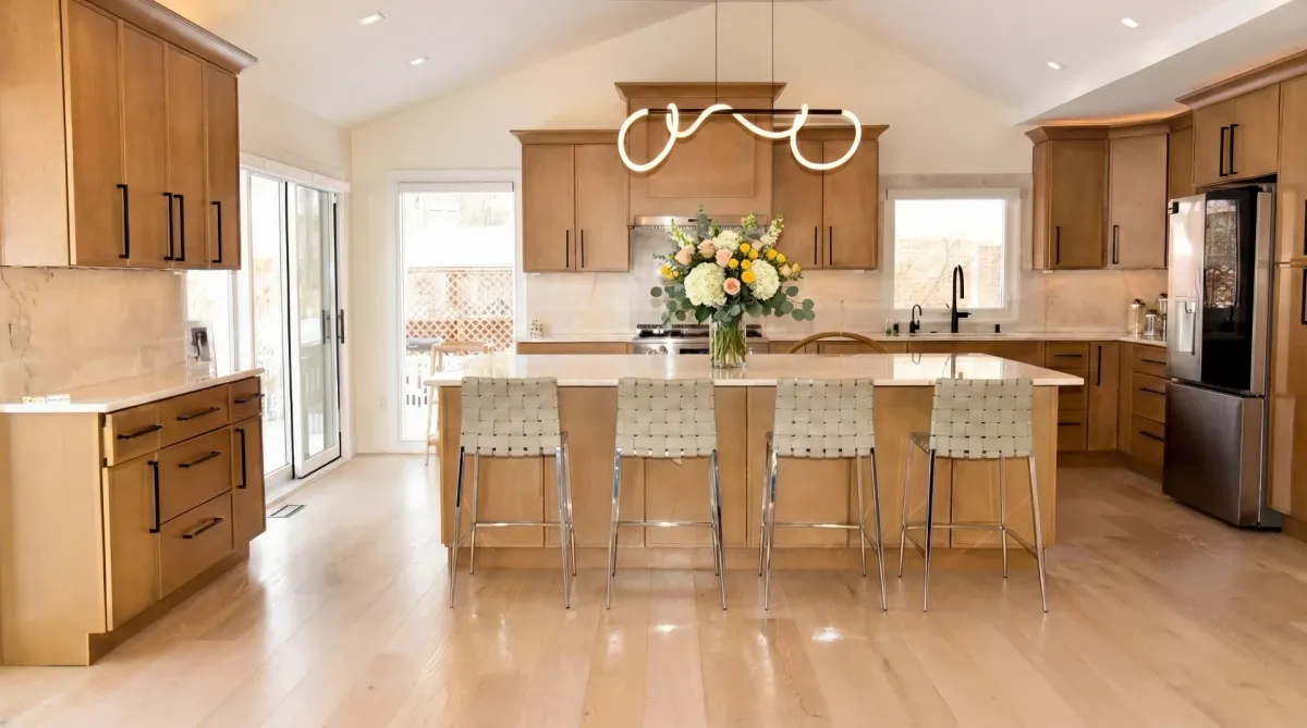 High-end kitchen design with woven leather bar stools and modern pendant lighting by Italcasa Design