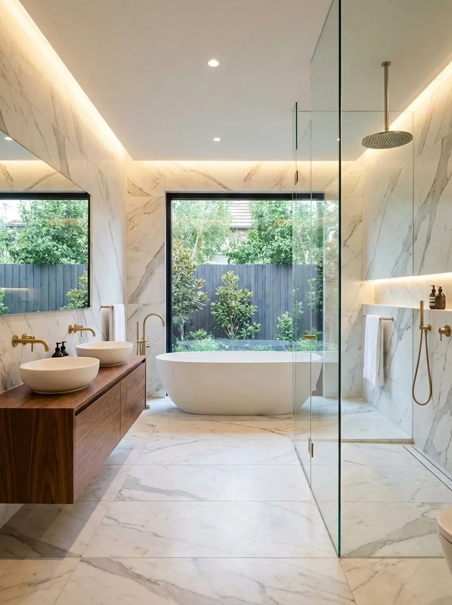 High-end bathroom design featuring freestanding tub and imported Italian tile in Metro Detroit