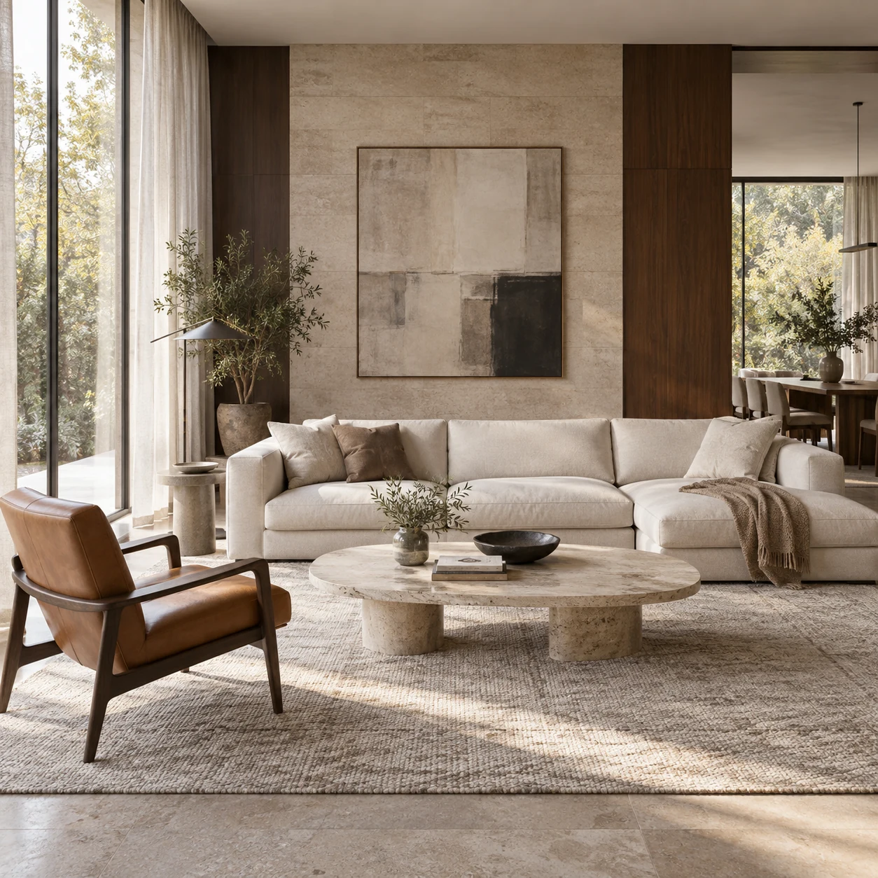 Ivory sofa, walnut and leather lounge chair, and travertine table in a sunlit contemporary living room