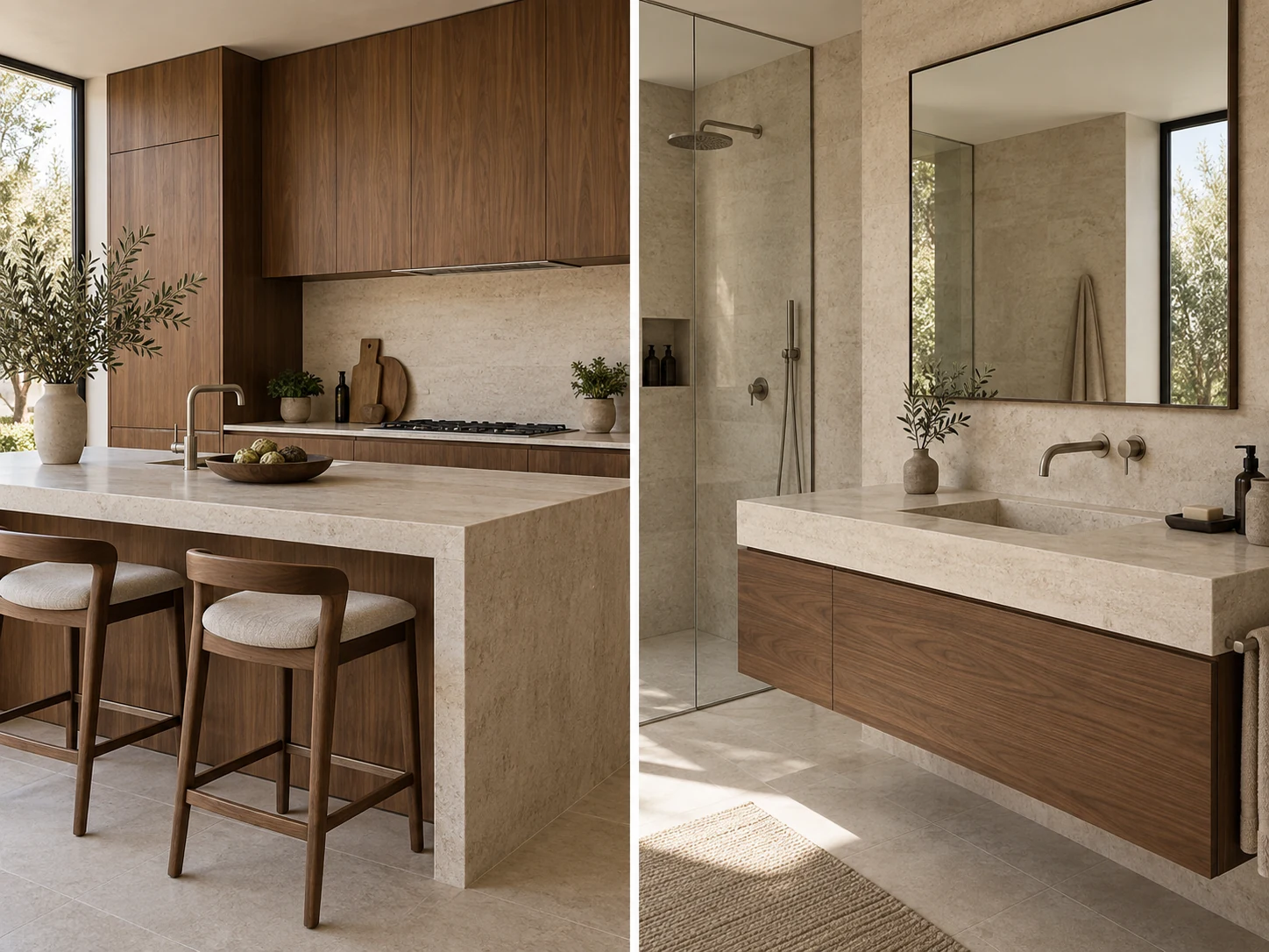 Coordinated kitchen and bathroom with walnut cabinetry, pale limestone surfaces, and brushed nickel fixtures