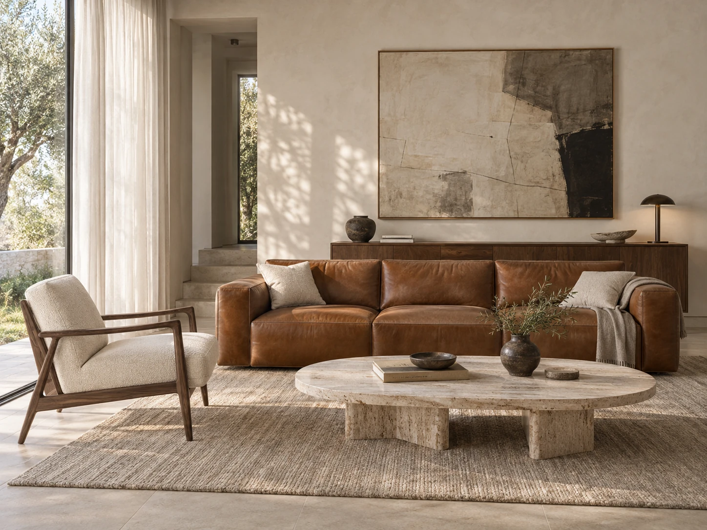 Cognac leather sofa, walnut lounge chair, and travertine coffee table in a sunlit living room