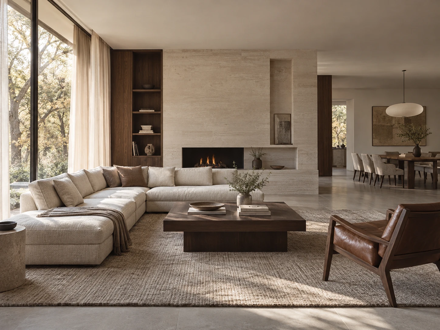 Coordinated living and dining space with an ivory sectional, limestone fireplace, and walnut furnishings