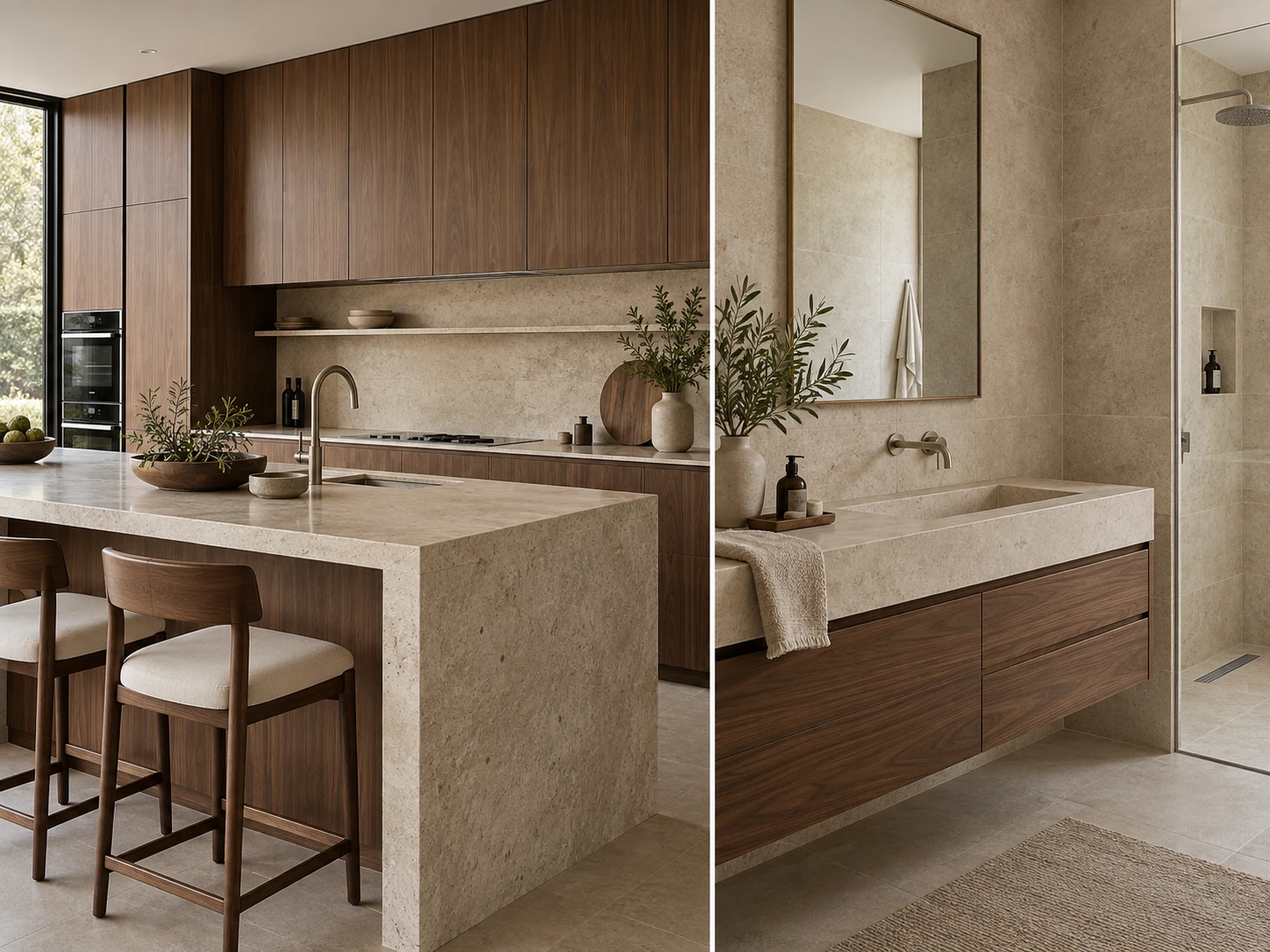 Paired kitchen and bathroom views with matching walnut cabinetry and pale limestone surfaces