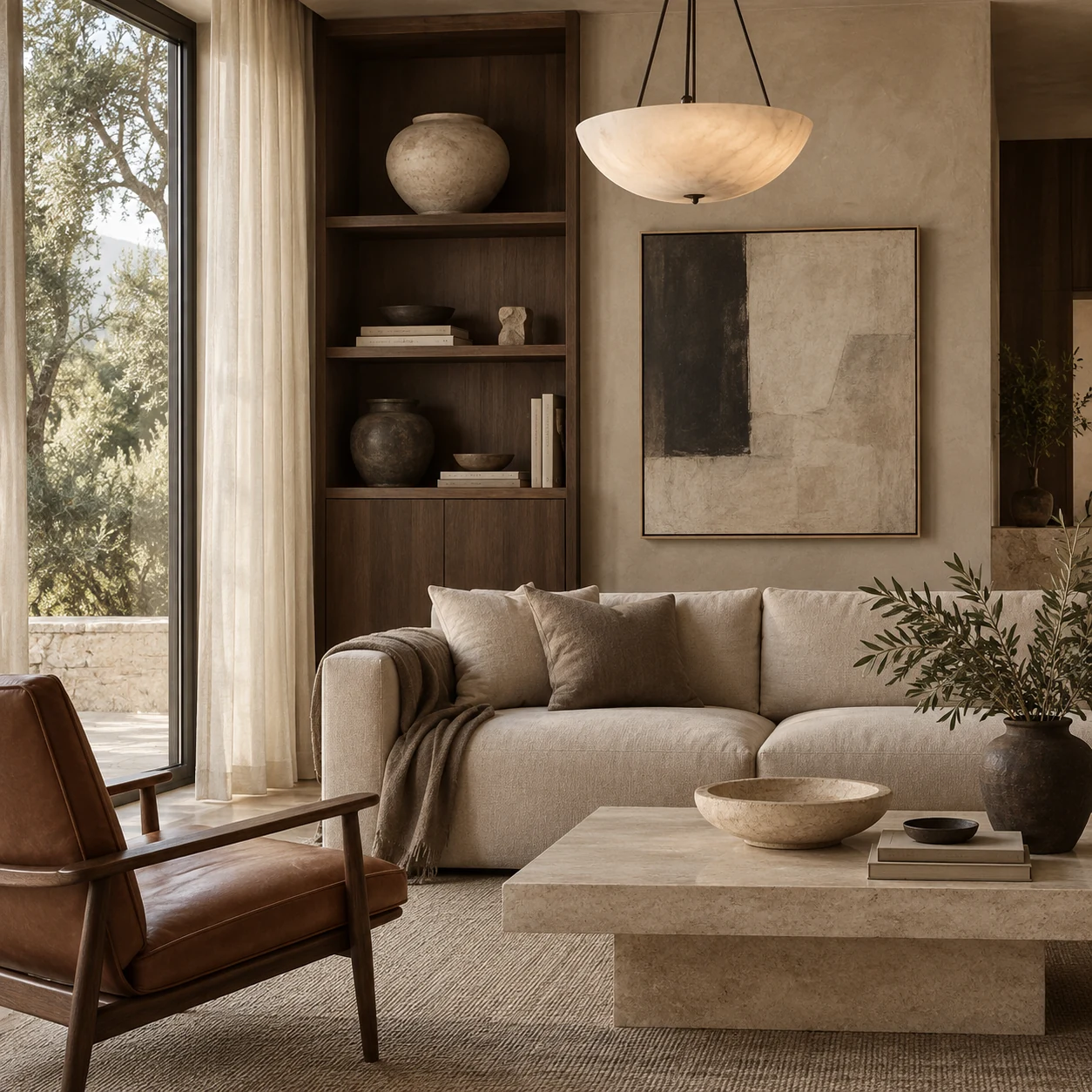Contemporary interior with walnut shelving, an alabaster pendant, and warm neutral furnishings