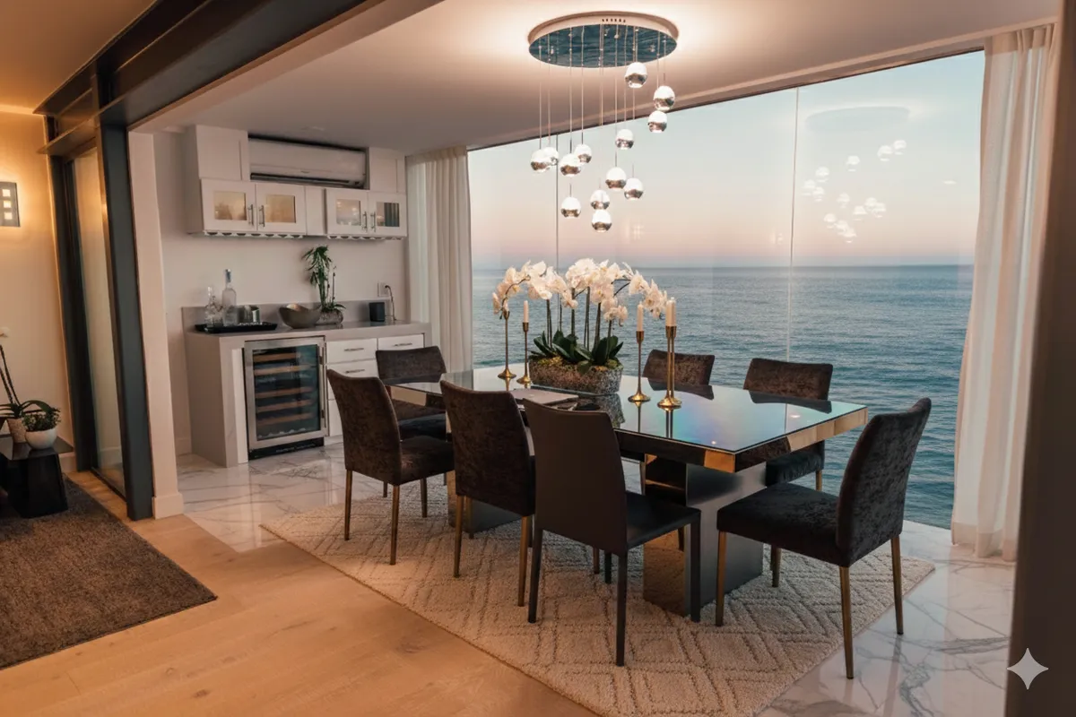 Luxury Italian dining room with ocean view, designer furniture by Italcasa