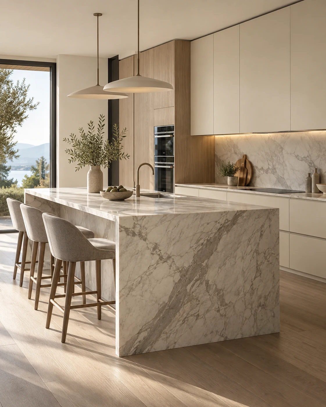 Luxury Italian kitchen with handleless cabinetry and marble waterfall island by Italcasa