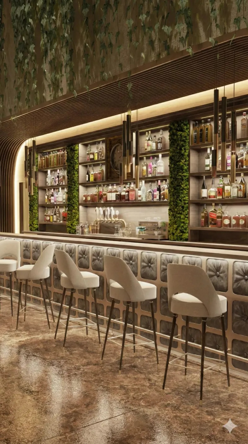 Luxury bar interior with Italian velvet seating and herringbone floors — Italcasa Design commercial restaurant services