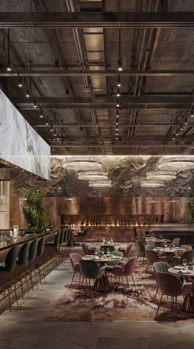 Upscale restaurant interior furnished with Italian contract-grade seating and lighting — Italcasa Design Metro Detroit