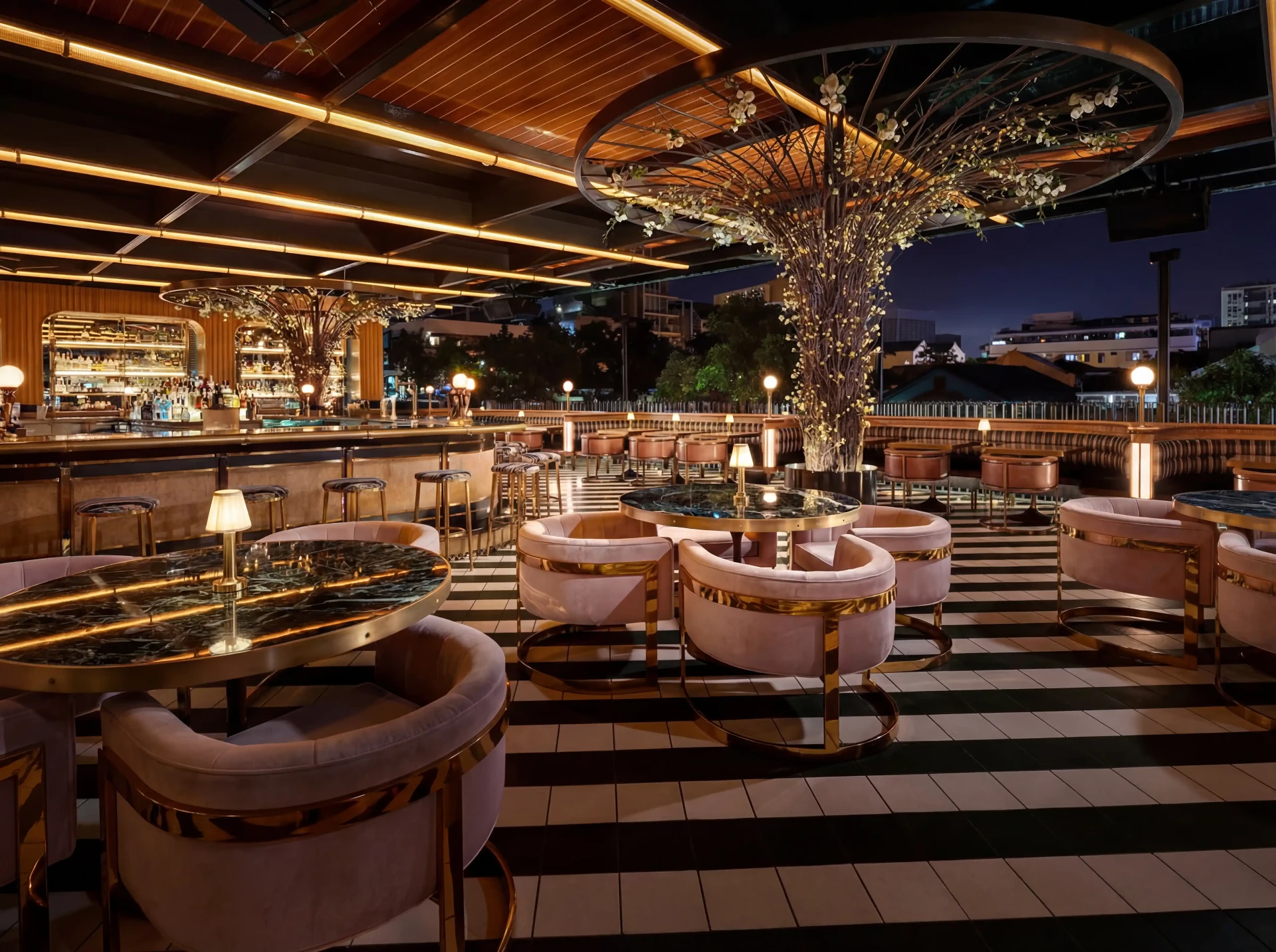 Luxury rooftop restaurant bar with Italian contract-grade lounge seating and marble tables — Italcasa Design