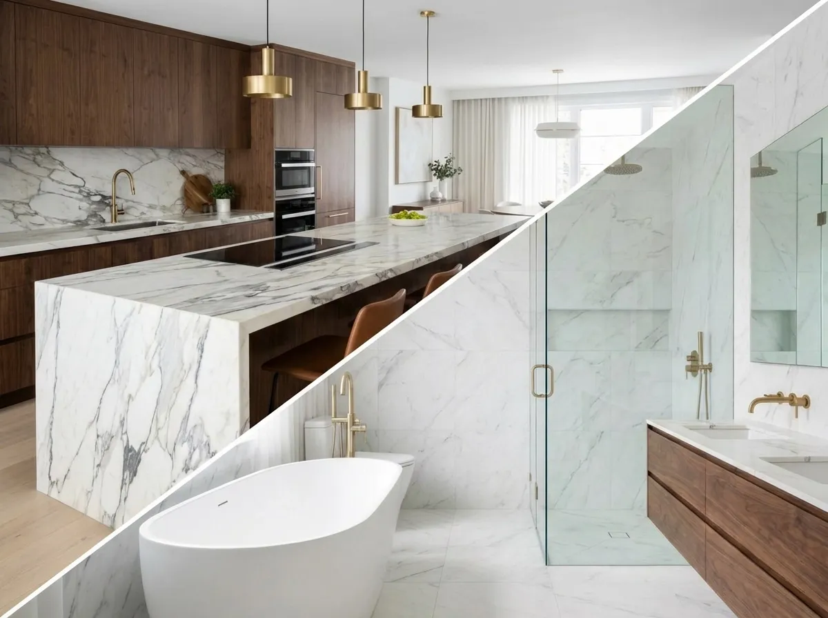 Luxury kitchen and bath design with freestanding tub and natural stone finishes