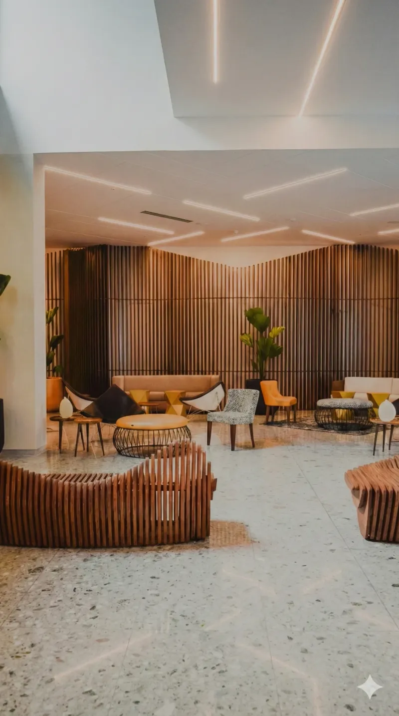 Luxury hotel lobby with wood slat walls and Italian designer furniture — Italcasa Design hospitality projects