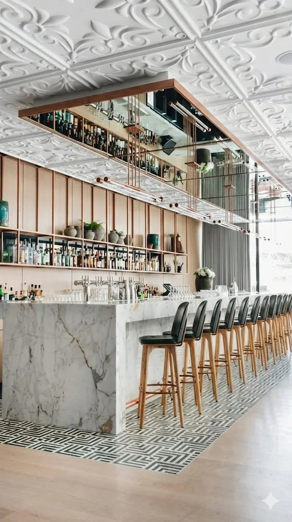Luxury bar and restaurant interior with marble counter, ornate ceiling, and black leather stools — Italcasa Design Metro Detroit
