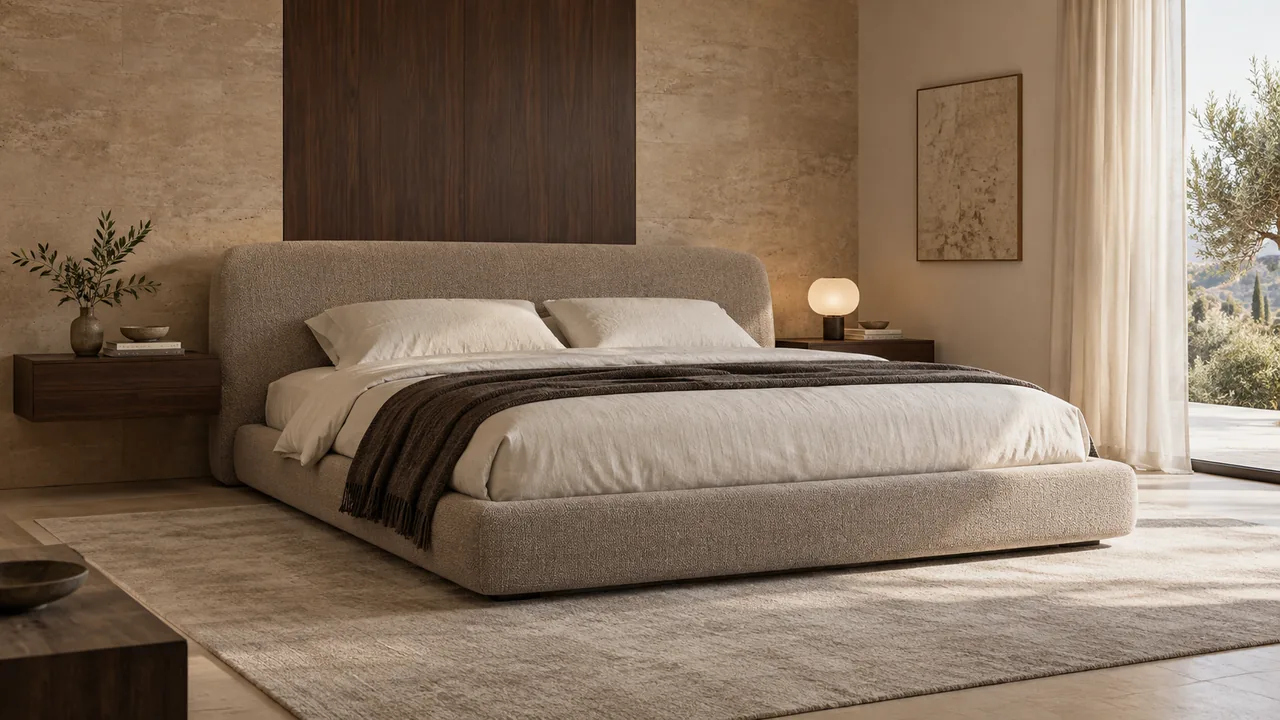 Taupe upholstered platform bed with ivory bedding and floating walnut bedside tables