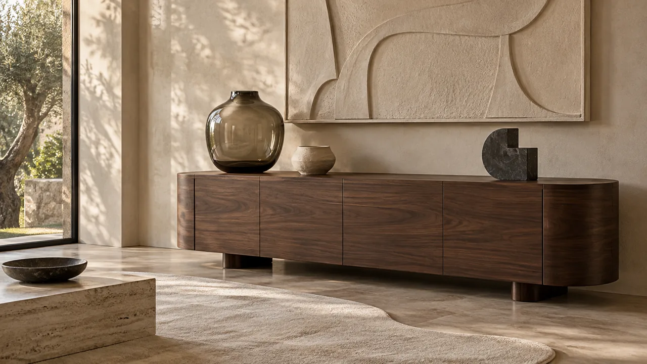 Glass and ceramic vessels, stone sculpture and plaster wall art above a walnut sideboard