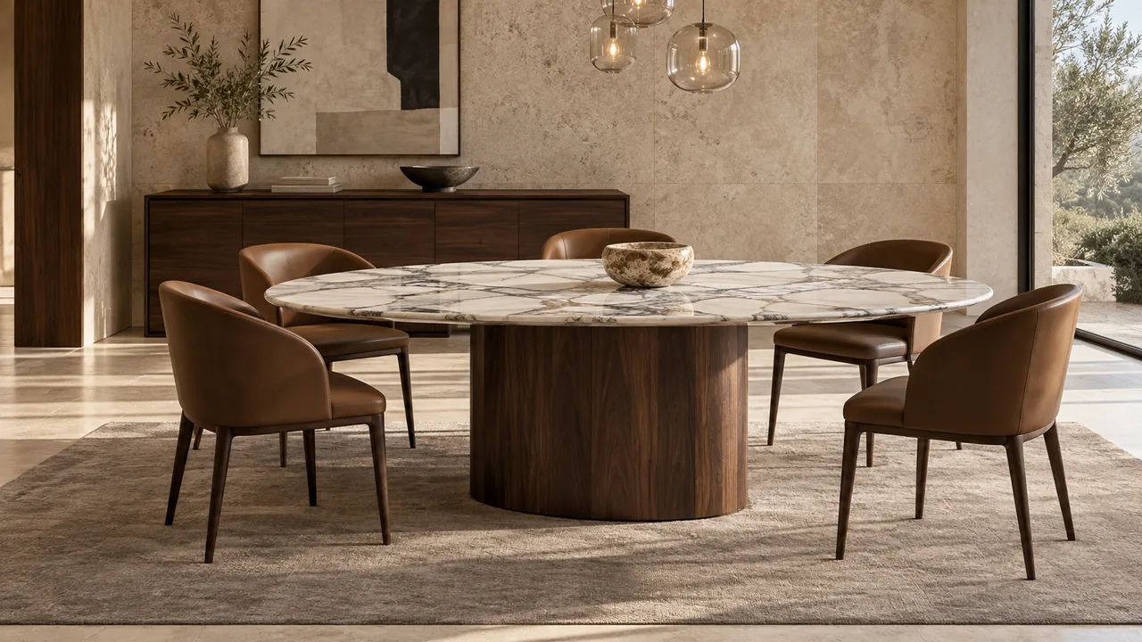 Oval marble dining table with curved tobacco leather chairs and a walnut sideboard