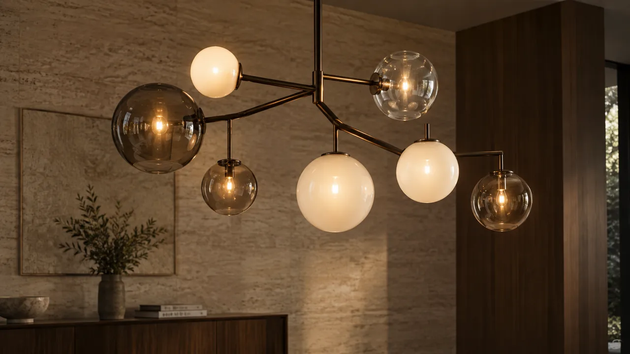Sculptural chandelier with opal and smoked glass globes on dark bronze branches