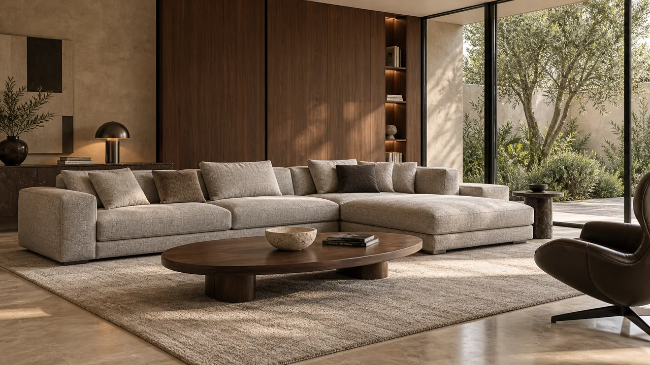 Low modular sectional and walnut coffee table in a contemporary living room