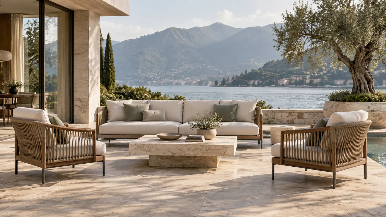 Contemporary outdoor lounge furniture on a limestone terrace overlooking an Italian lake