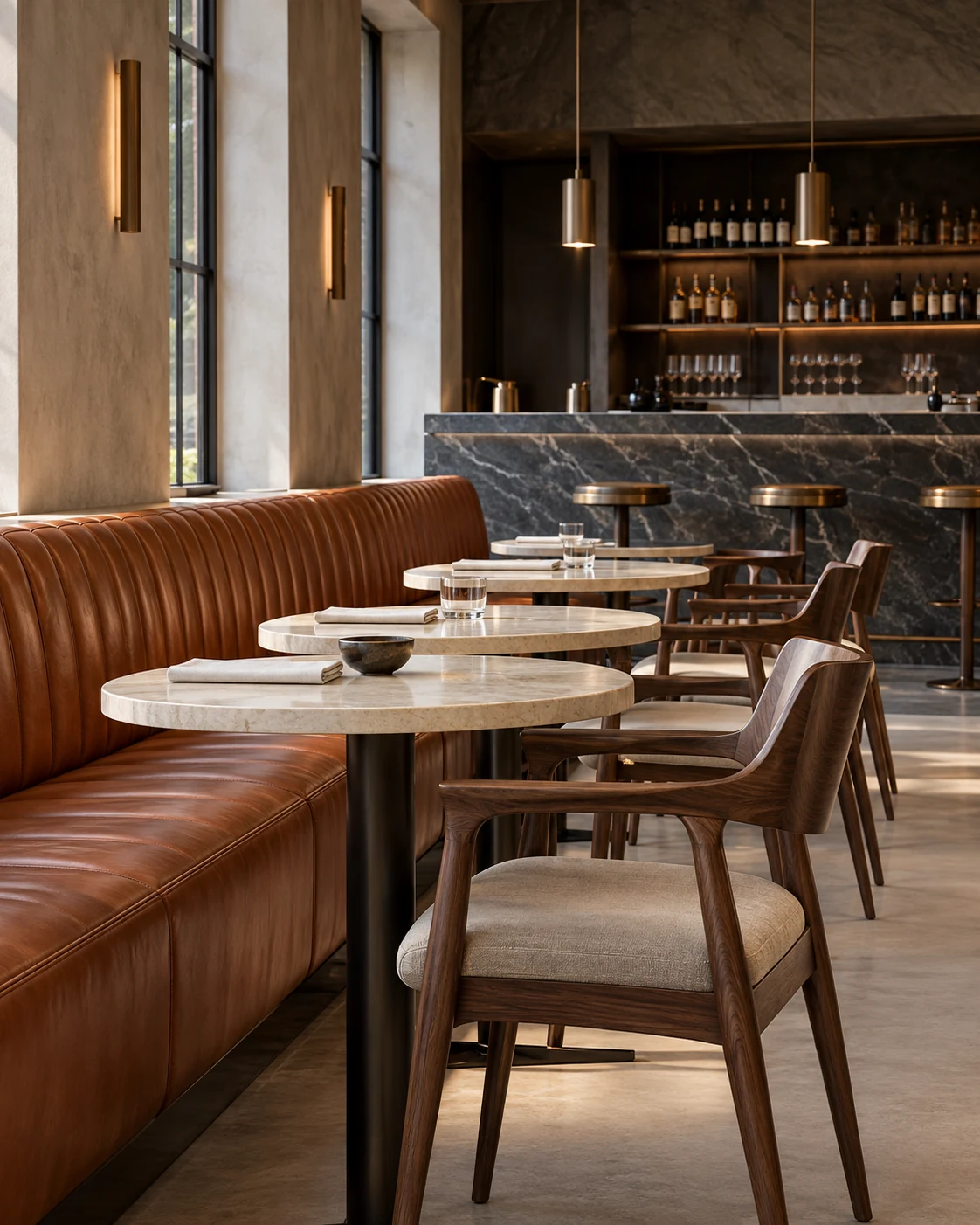 Restaurant banquette run and bar installation