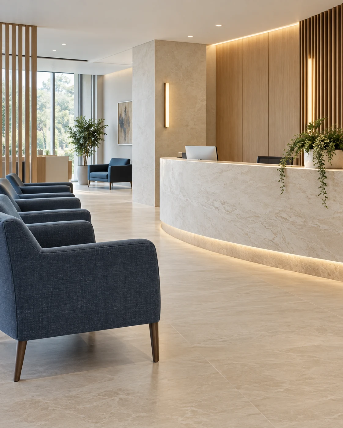 Waiting room lounge seating with full arms and reception line