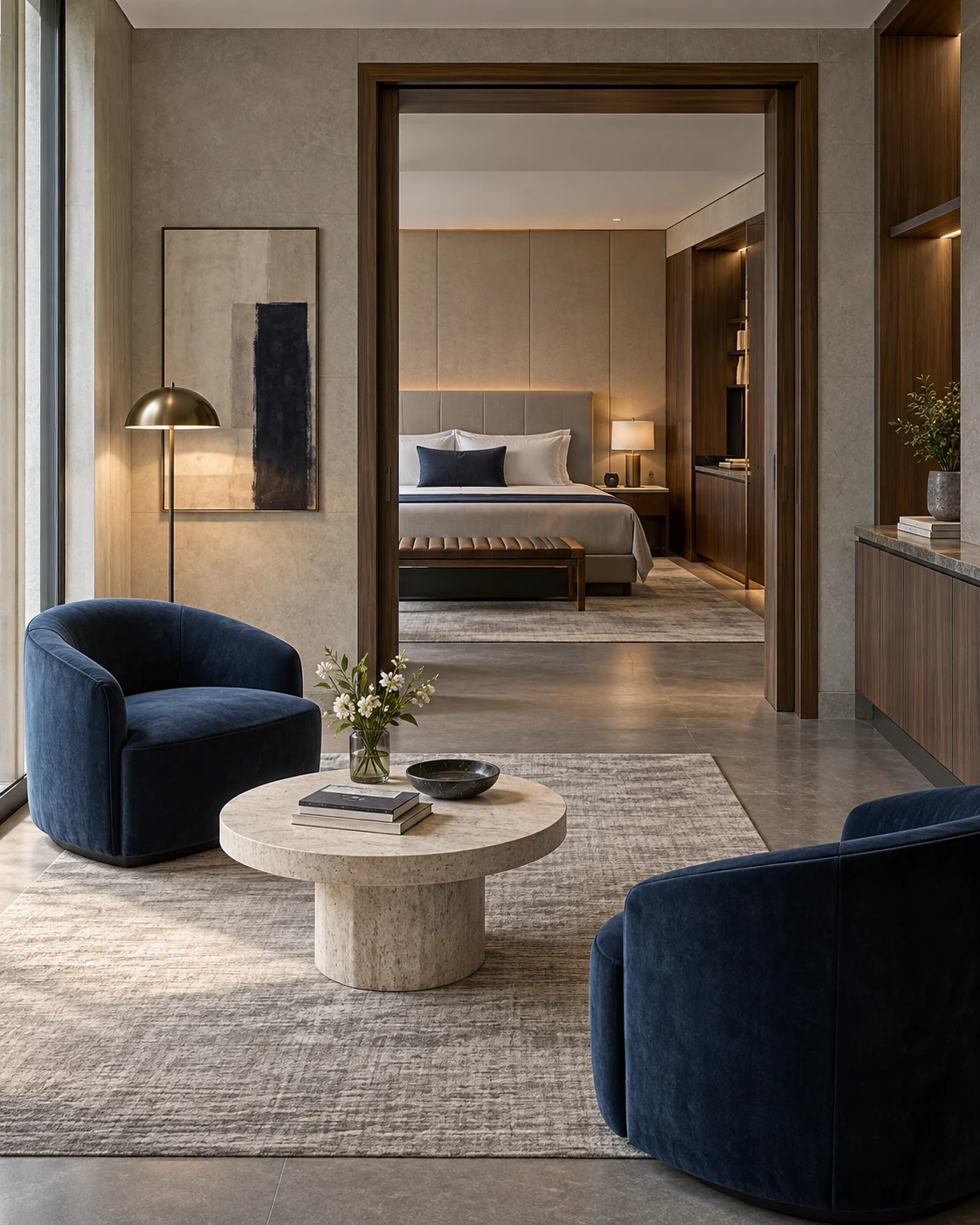 Hotel lobby seating group and guest-room casegoods installation