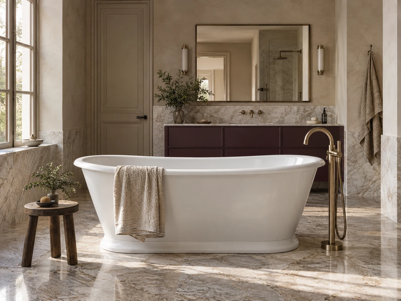 Freestanding sculptural tub with brass floor-mounted filler and marble floor