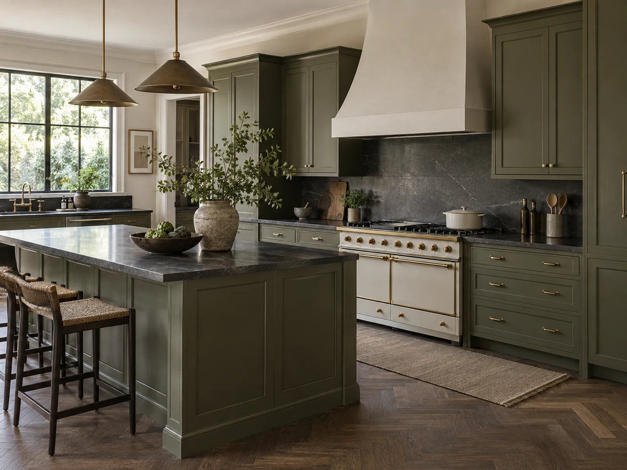 Classic Italian kitchen with olive framed cabinetry, La Cornue range, honed soapstone, and herringbone floor
