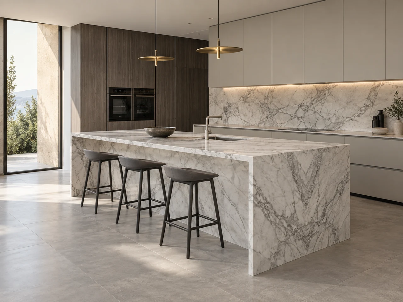Modern handleless Italian kitchen with book-matched marble waterfall island, integrated appliances, and brass pendants
