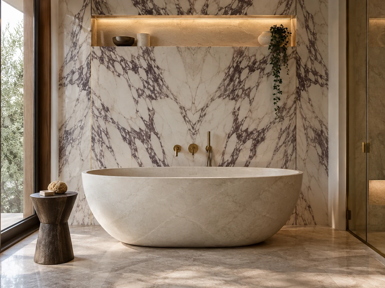 Spa-style Italian bath with book-matched Calacatta Viola marble walls and stone tub