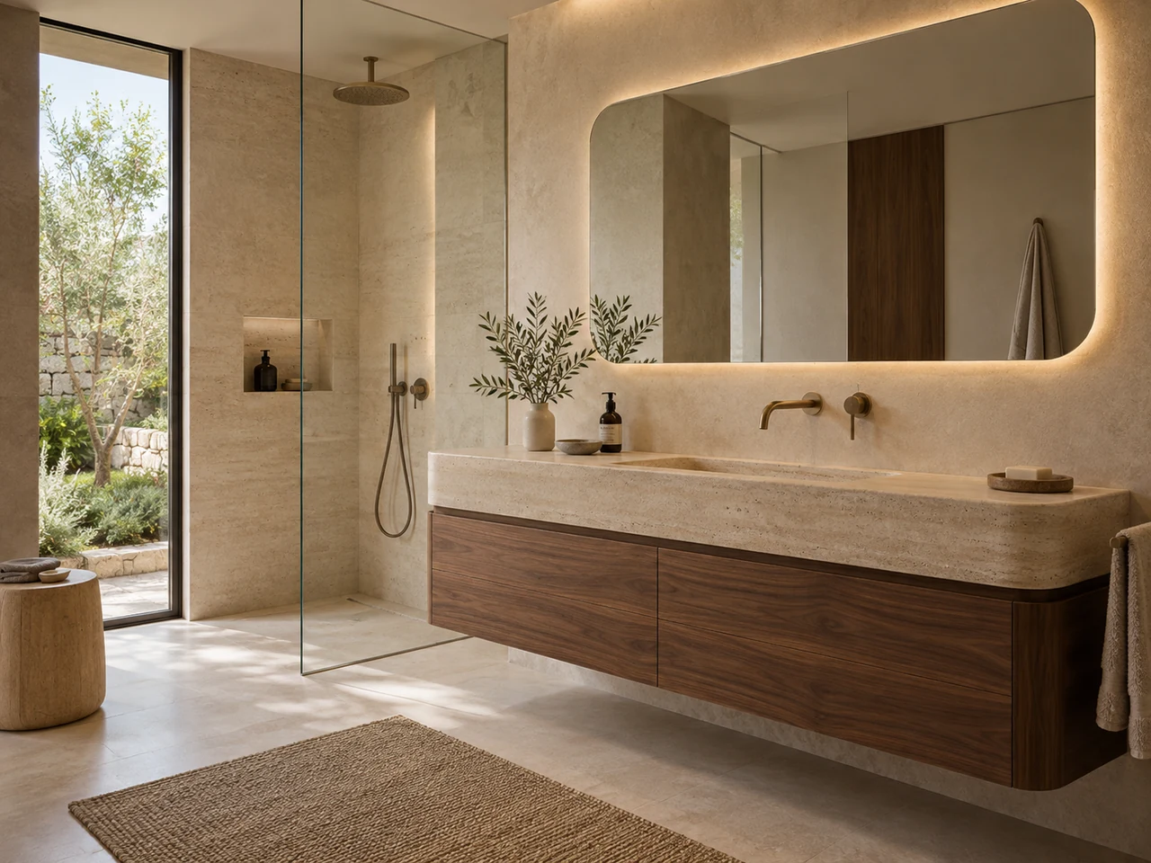 Warm minimal Italian bath with walnut vanity, stone surfaces and brass fixtures