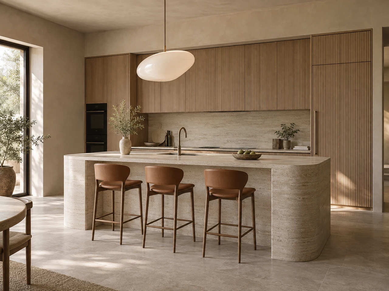 Warm minimal Italian kitchen with fluted oak cabinetry, travertine island, and sculptural pendant