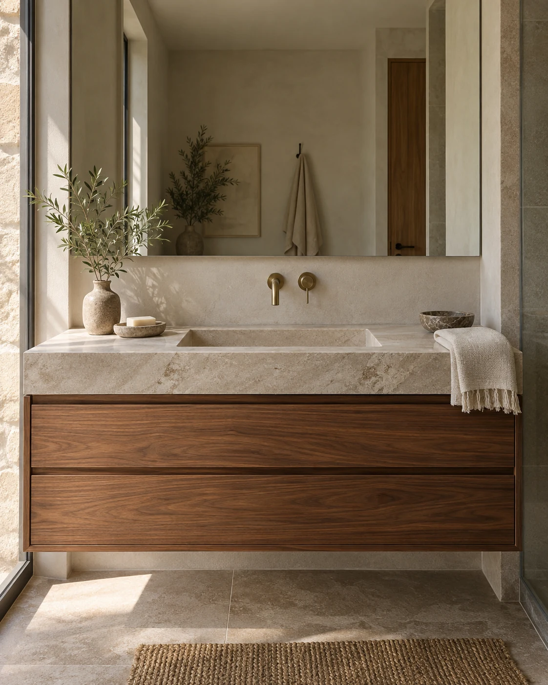 Custom Italian bathroom vanity in walnut with integrated stone sink and brushed brass wall-mount fixtures