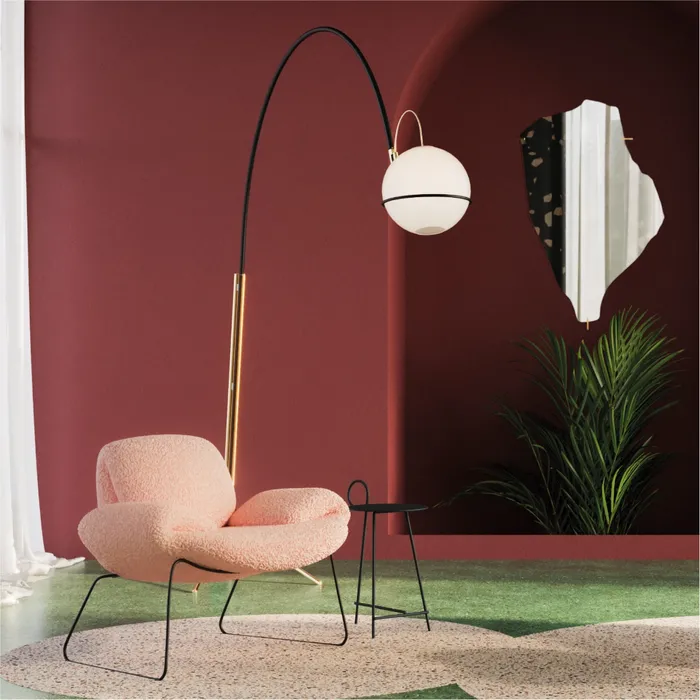 “Cocky Armchair by Driade – versatile seating with adjustable armrests, backrest, and headrest, upholstered in white faux fur with a gold base, offering customizable comfort and bold design by Sfera Ebbasta.”