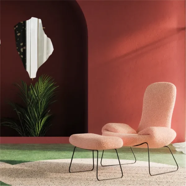 “Cocky Armchair by Driade – versatile seating with adjustable armrests, backrest, and headrest, upholstered in white faux fur with a gold base, offering customizable comfort and bold design by Sfera Ebbasta.”