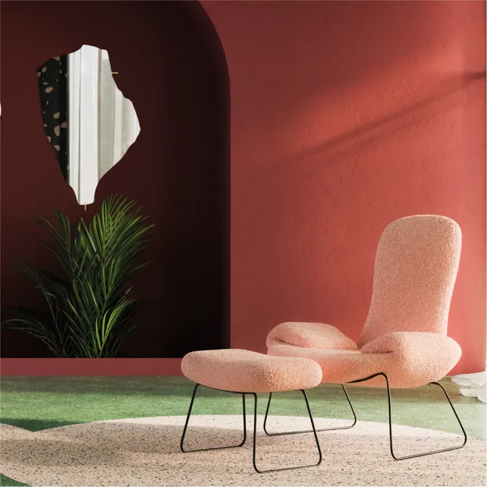 “Cocky Armchair by Driade – versatile seating with adjustable armrests, backrest, and headrest, upholstered in white faux fur with a gold base, offering customizable comfort and bold design by Sfera Ebbasta.”