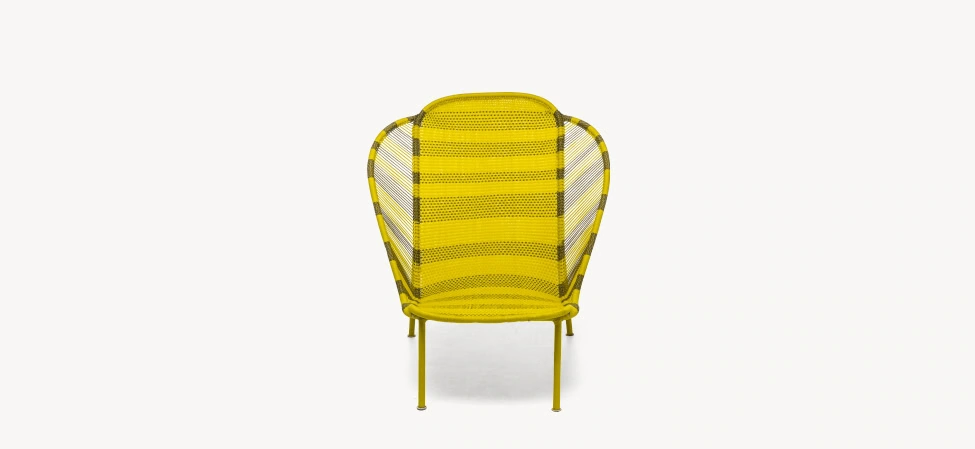 Imba armchair by Moroso in plush Italian velvet upholstery, front view in a Royal Oak Michigan showroom