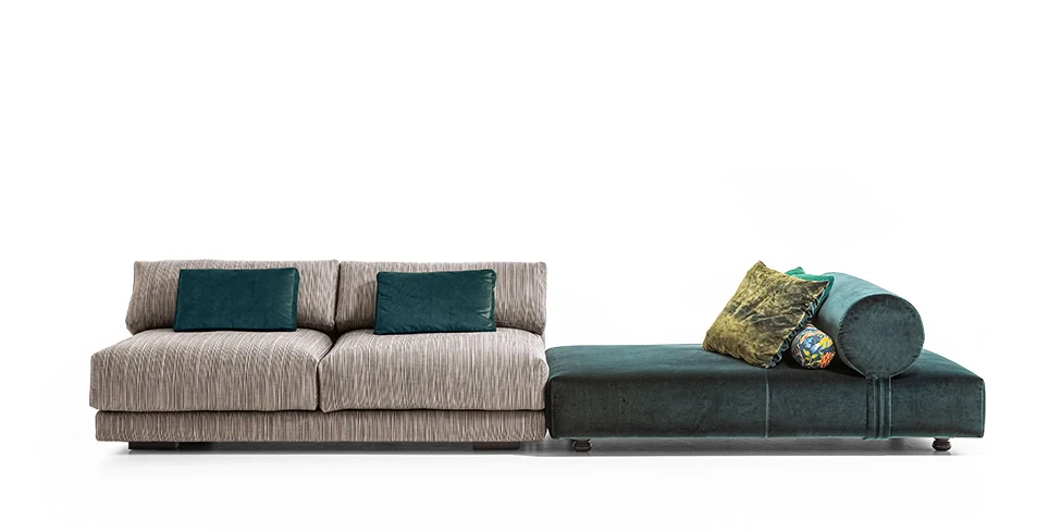 Living Room Nanà Sofa by Moroso in refined Italian upholstery, front view in a Royal Oak Michigan showroom